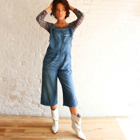 NSF Women's Denim Overalls Size 27 Wide Leg Raw Hem Cropped Made in USA - Picture 1 of 5